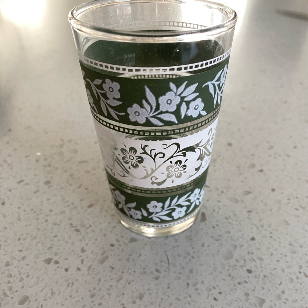 LIBBEY vintage green white stripe juice shooter flower vines